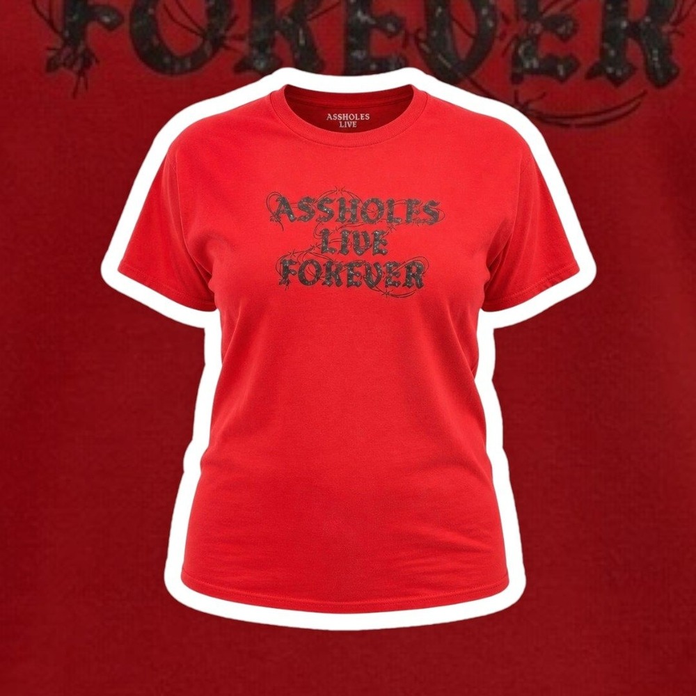 A**holes Live Forever Red T Shirt Men's XL Barbed Wire Linda Finegold Tee‎